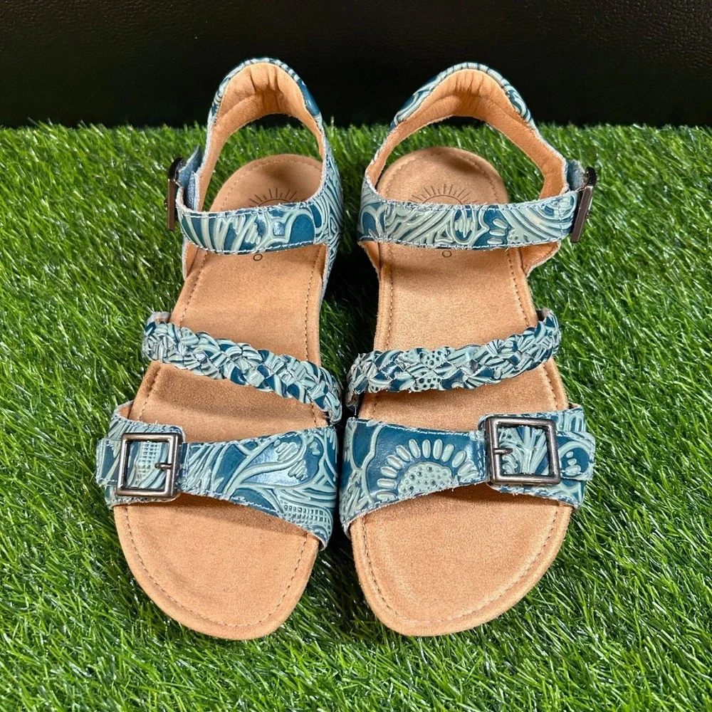 Brioso Tooled Leather Sandals Womens 8.5 Blue Floral Braided Strap Wedge